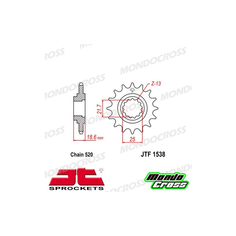 Pignone acciaio JT Passo 520, 15 denti, Versione Gommata KAWASAKI cod. JTF1538.15