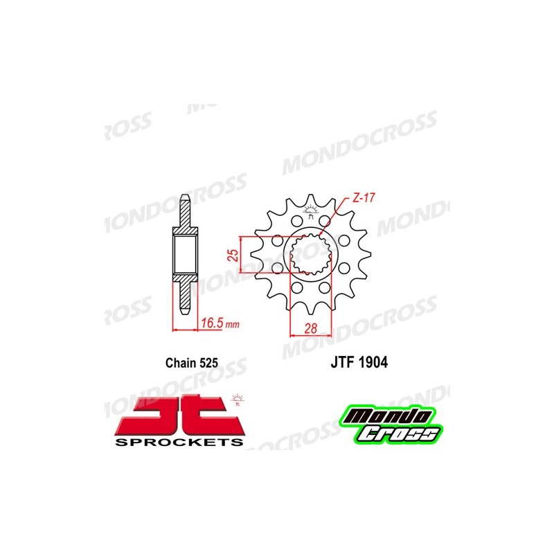 Pignone acciaio JT Passo 525, 17 denti, Versione Gommata KTM cod. JTF1904.17