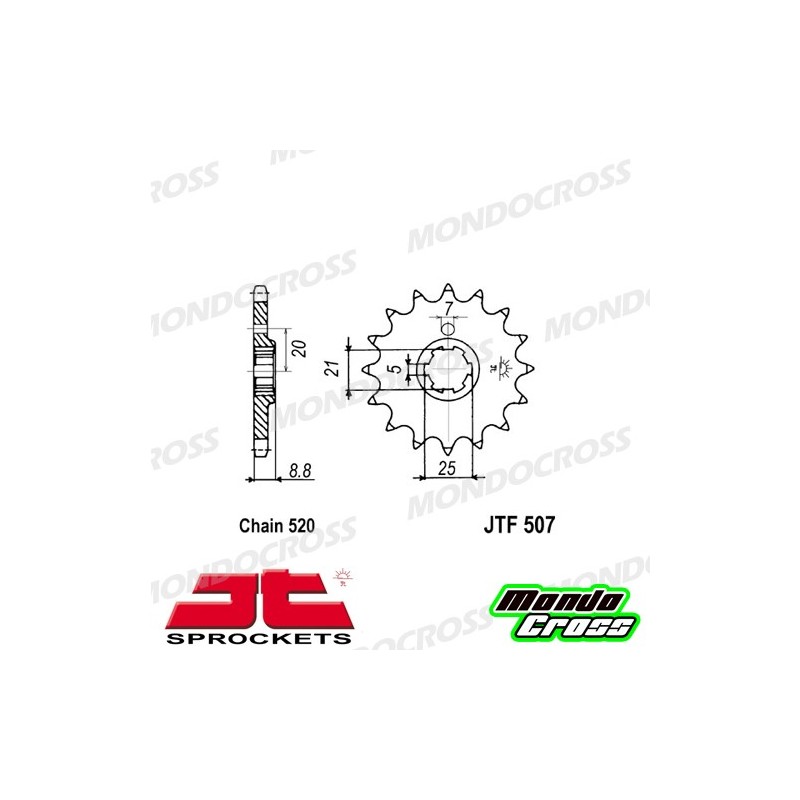 Pignone acciaio JT Passo 520, 14 denti HUSQVARNA, KAWASAKI cod. JTF507.14